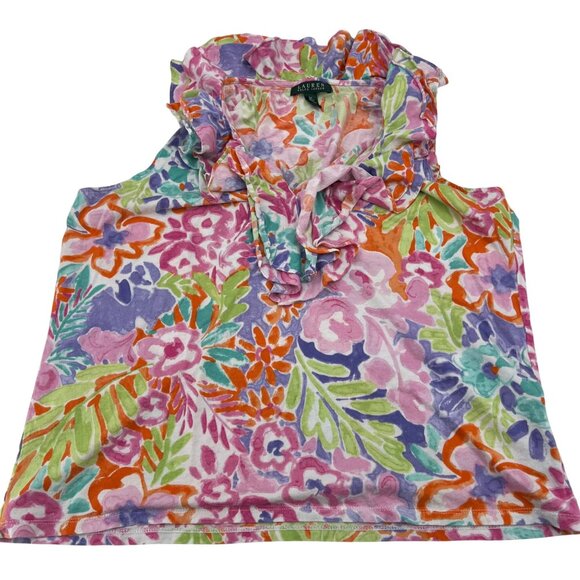 Lauren Ralph Lauren‎ Women's 2X Ruffle Floral Print Sleeveless Top Multicolor - Picture 1 of 6